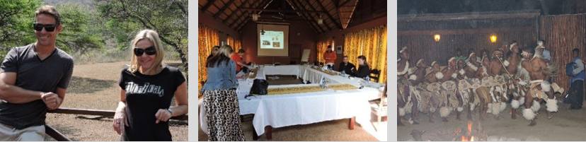 Left: Stephen Coull (Sales Director) and Heidi Lambson (Learning Services Manager). Centre: Getting some work done. Right: Zulu dancers performing.