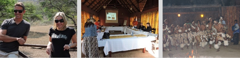 Left: Stephen Coull (Sales Director) and Heidi Lambson (Learning Services Manager). Centre:  Getting some work done. Right: Zulu dancers performing.